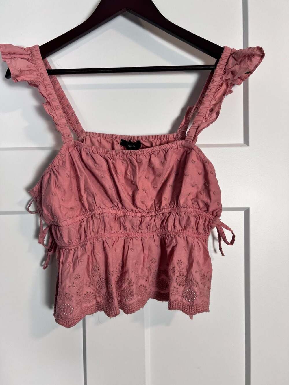 Forever 21 Pink Embroidered Eyelet Ruffle Strap Crop Top